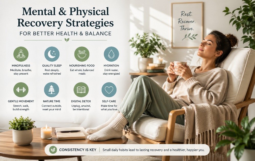 Person resting in a calm, restorative environment symbolizing mental and physical recovery strategies for better health and balance.