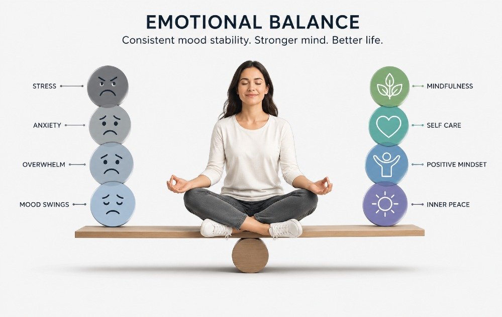 Person calmly managing emotions in daily life, reflecting stable mood and mental balance.