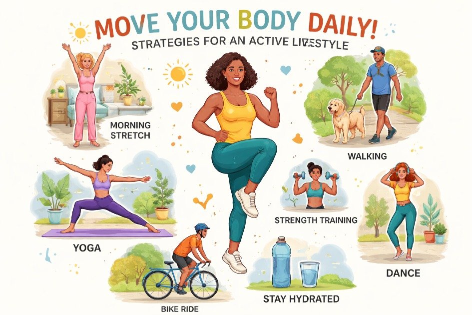 Person engaging in simple daily movement exercises to improve energy, strength, and overall health