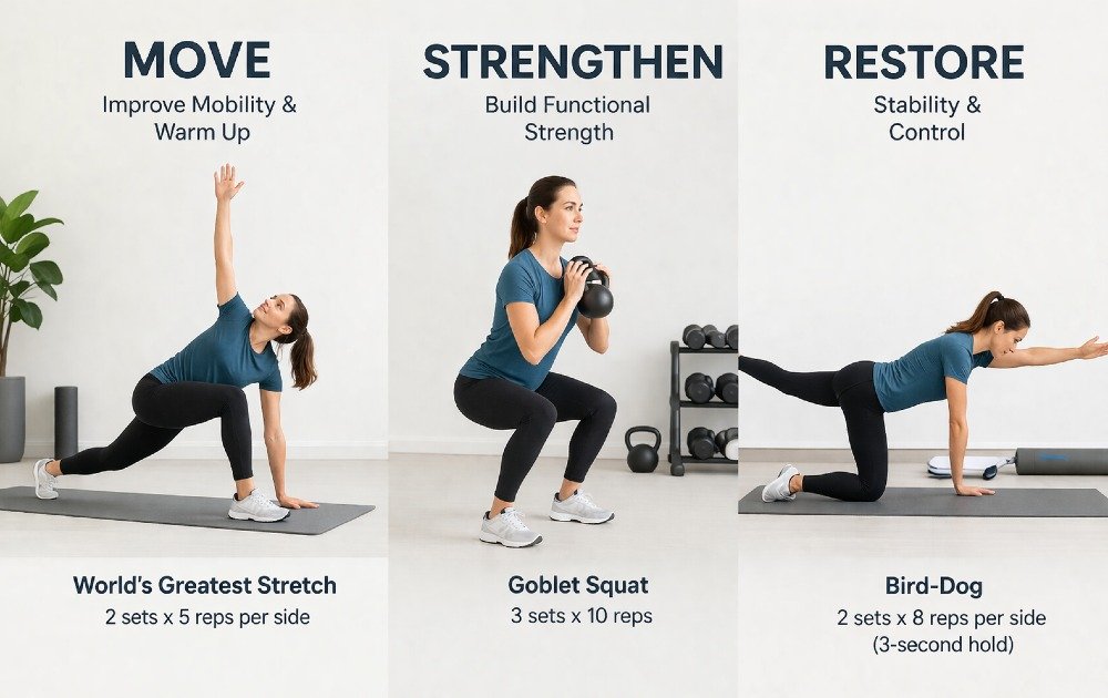 Person performing functional exercises to strengthen muscles and restore mobility.