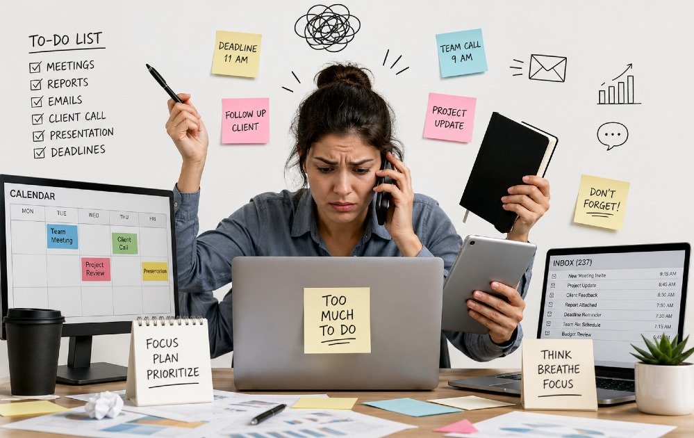 Person overwhelmed while multitasking on multiple devices, illustrating reduced focus and productivity from doing too much at once.