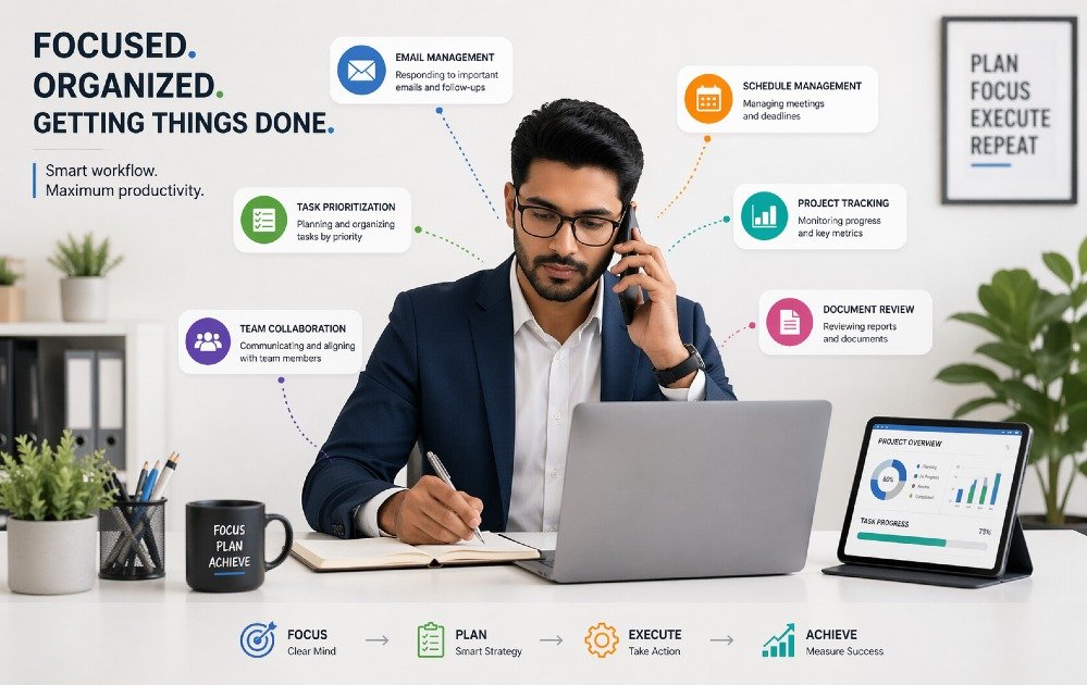 Focused professional managing multiple tasks efficiently to boost productivity in a modern workspace.