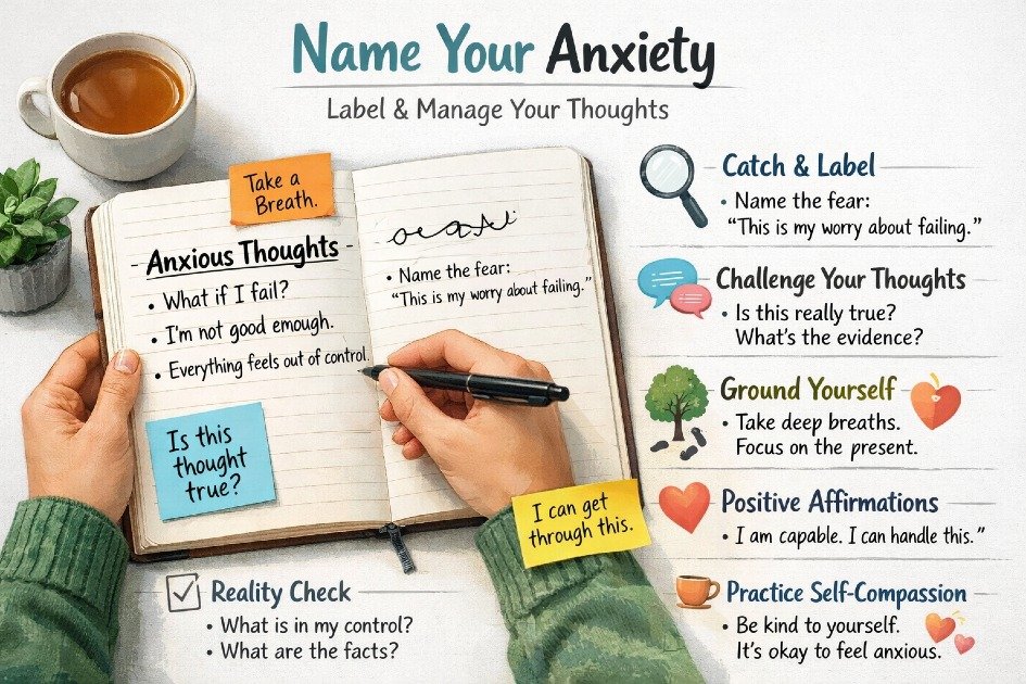 Person journaling and labeling anxious thoughts, illustrating practical strategies to name and manage anxiety.