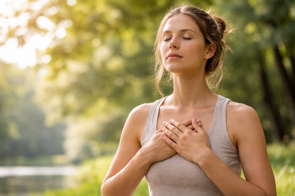 Person practicing calm breathing outdoors to reduce anxiety naturally