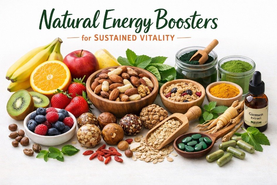 Natural energy boosters like fresh fruits, nuts, and herbal supplements for sustained vitality
