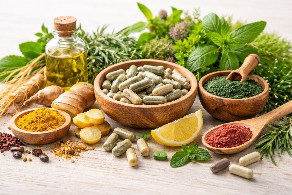 Natural energy supplements on a wooden table with herbs and capsules for vitality and stamina.