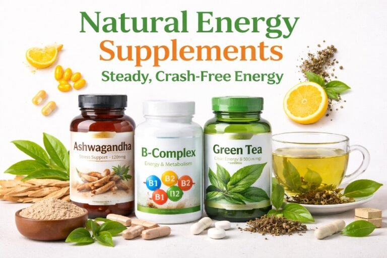 Natural energy supplements including ashwagandha, B-complex vitamins, and green tea for steady, crash-free energy