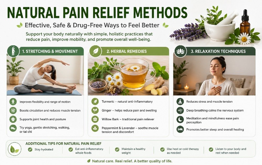 Natural pain relief methods including stretching, herbal remedies, and relaxation techniques for safe, drug-free pain management.