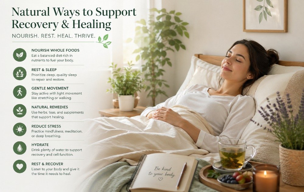 Person resting peacefully with calming natural elements symbolizing recovery and healing.