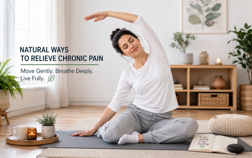 Person practicing gentle stretching at home to naturally relieve chronic pain and improve mobility