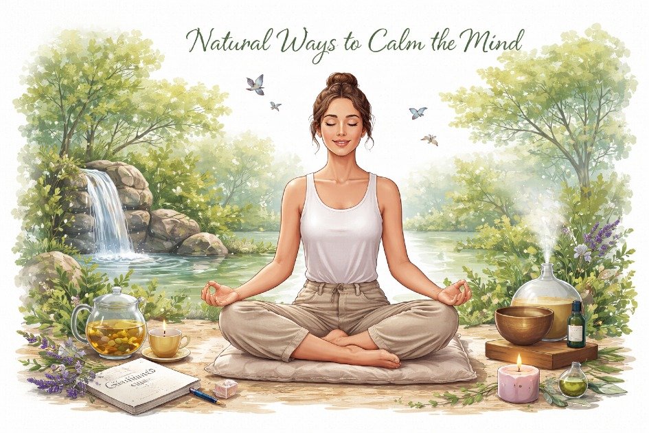 Serene person meditating outdoors, practicing natural methods to calm the mind.