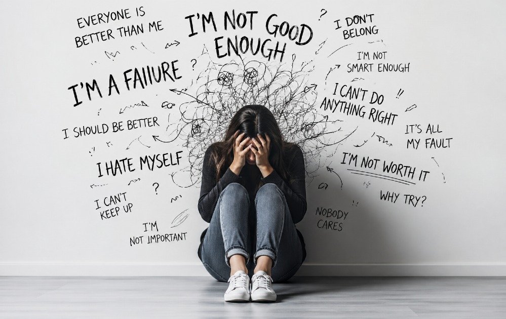 Person overwhelmed by negative thoughts, representing the impact of negative self-talk on mental well-being