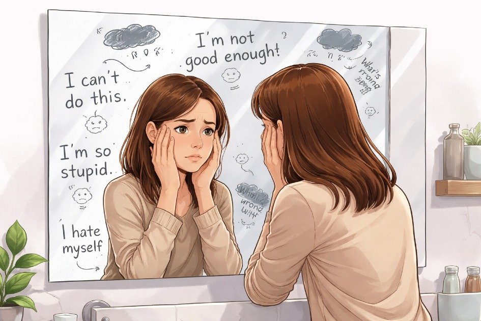 Person looking in a mirror with a worried expression, symbolizing negative self-talk and self-doubt.