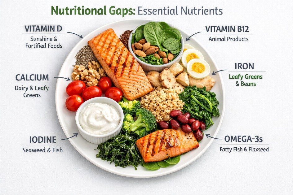 Healthy food on a plate highlighting common nutrient deficiencies in the diet