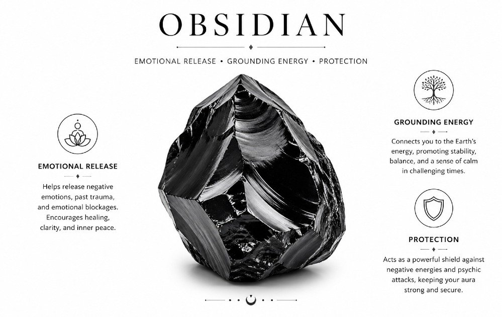 Polished black obsidian stone symbolizing emotional release, grounding energy, and protection from negativity