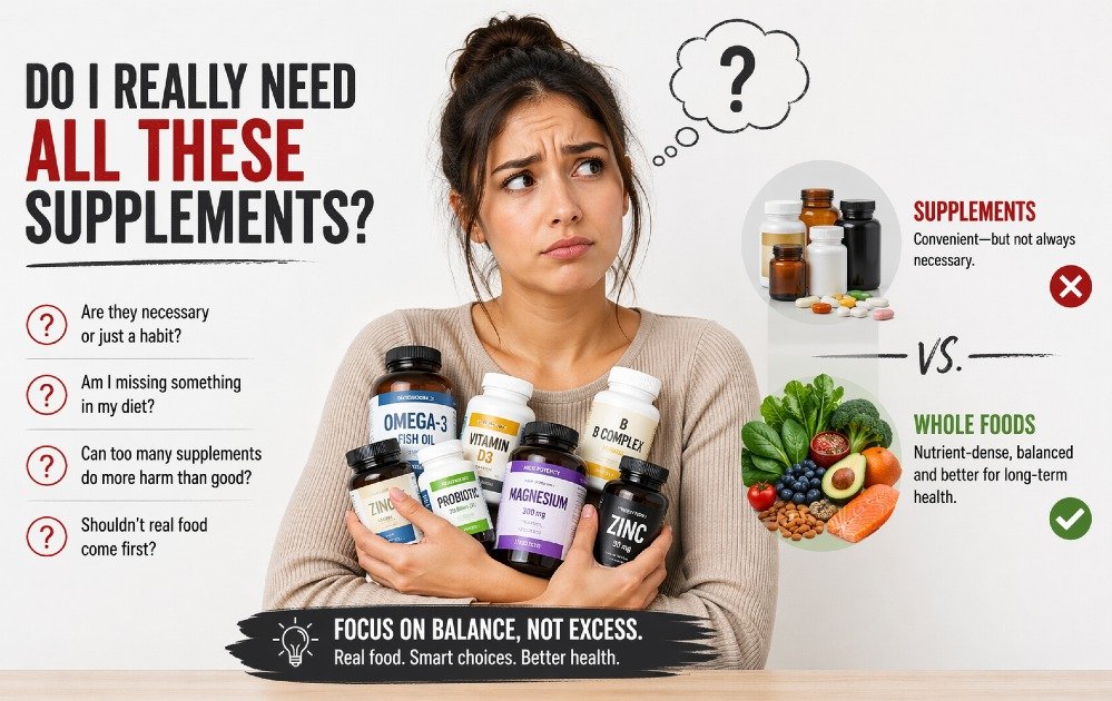 Person holding multiple supplement bottles while questioning their necessity for health and nutrition balance
