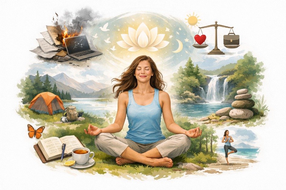 Woman relaxing in nature, finding balance and overcoming burnout