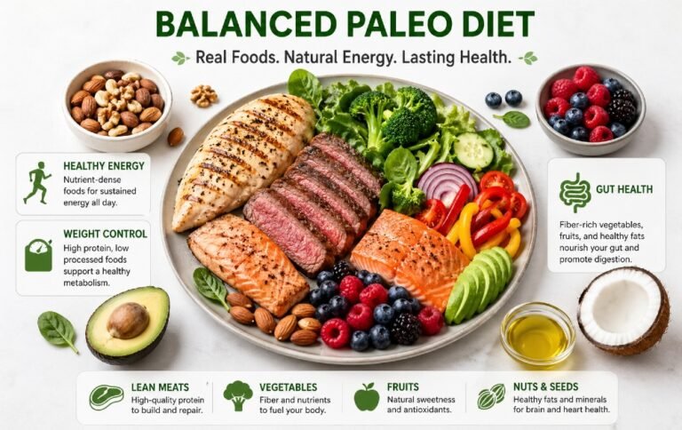 Balanced paleo diet foods including lean meats, vegetables, nuts, and fruits arranged for healthy energy, weight control, and gut health.
