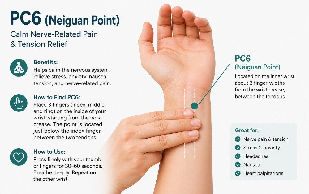 PC6 acupressure point on wrist for calming nerve-related pain and tension relief
