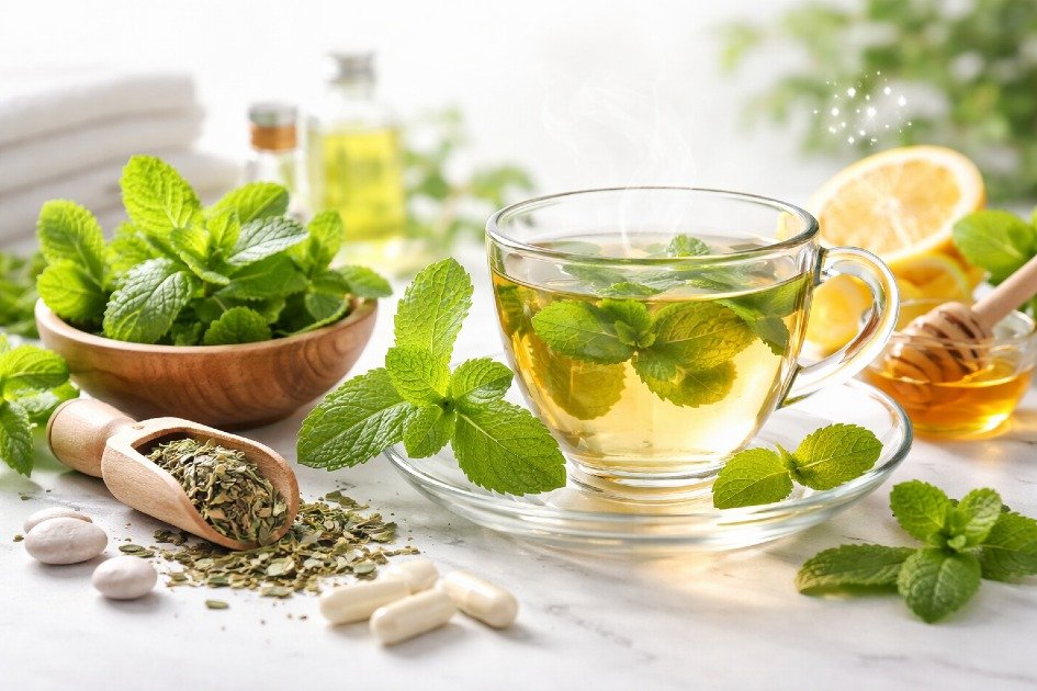 Fresh peppermint leaves and herbal tea supporting digestion and mental clarity
