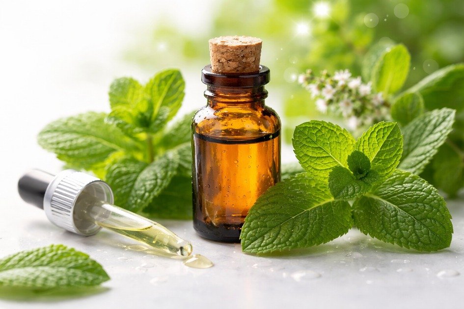 Peppermint essential oil in a glass bottle with fresh mint leaves, energizing focus naturally.