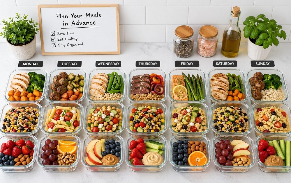 Weekly meal prep containers arranged neatly on a kitchen counter showing organized healthy eating.