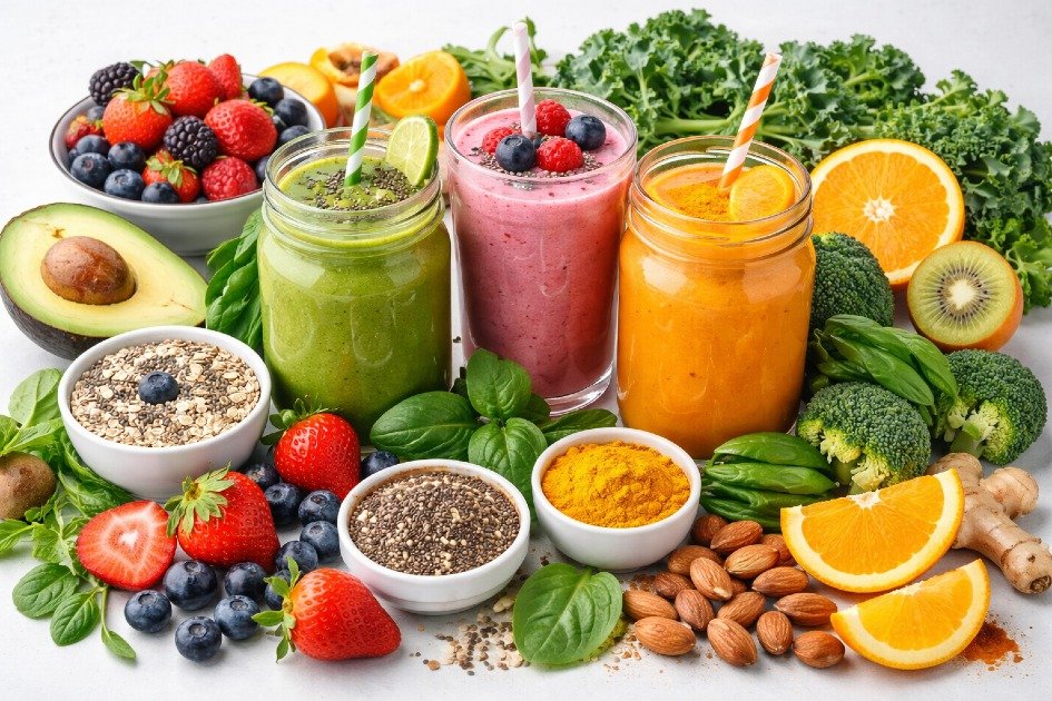 Vibrant plant-based foods and smoothies providing natural energy and vitality.