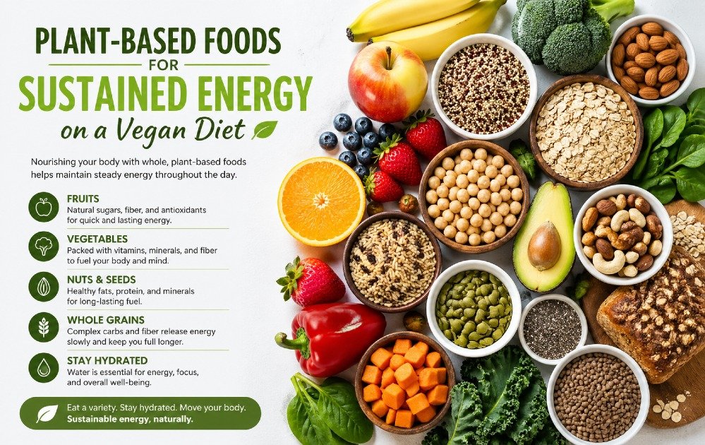Plant-based foods like fruits, vegetables, nuts, and whole grains arranged to support sustained energy on a vegan diet