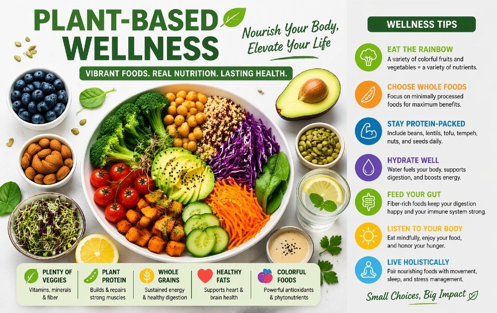 Vibrant plant-based foods arranged for optimal health and wellness tips.
