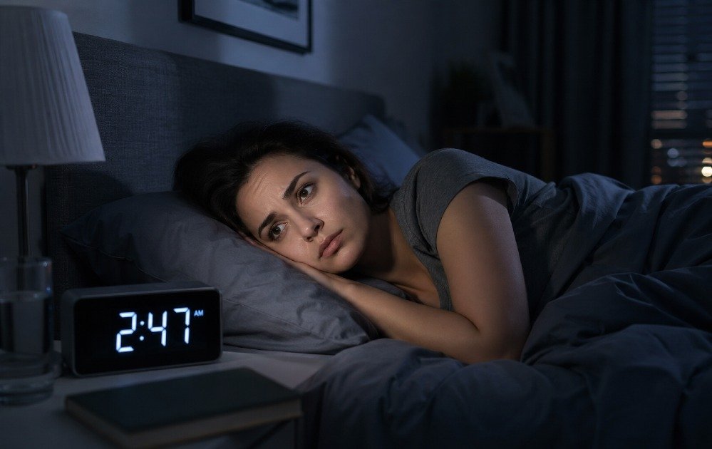 Person lying awake in bed at night, struggling with poor sleep quality and restlessness.