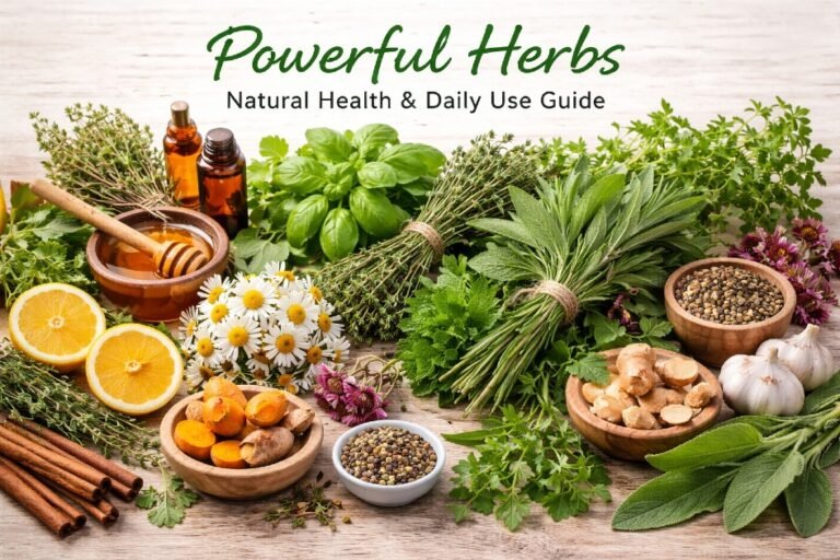 Fresh medicinal herbs arranged on a wooden table, highlighting natural remedies for daily health and wellness