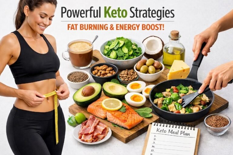 Person following keto diet with healthy fats, measuring waist, and preparing low-carb meal for fat loss and energy boost