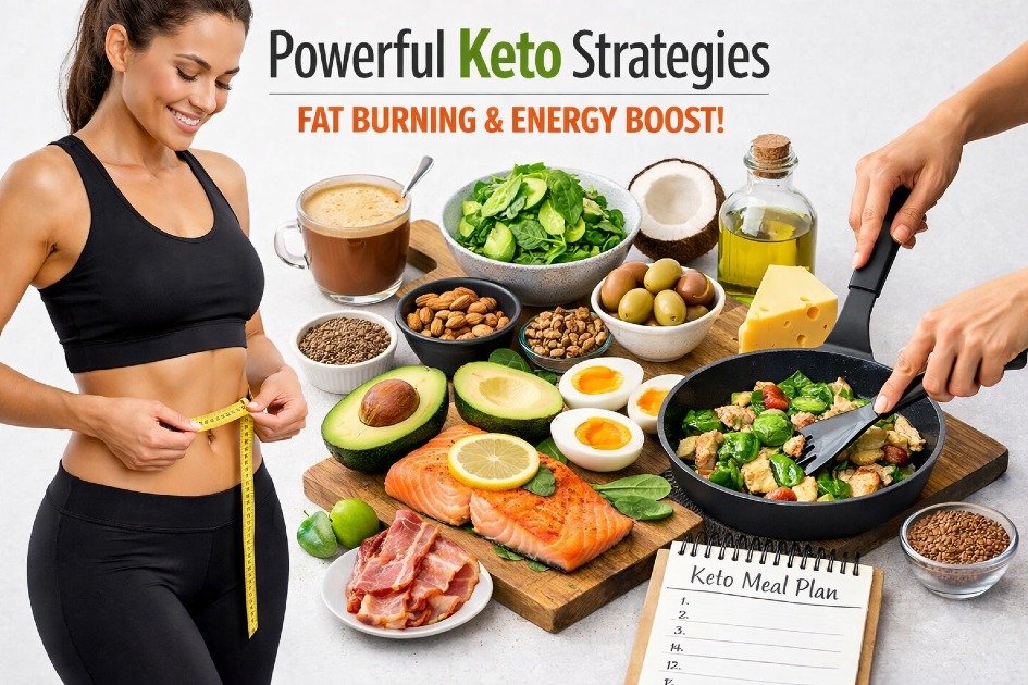 Person following keto diet with healthy fats, measuring waist, and preparing low-carb meal for fat loss and energy boost