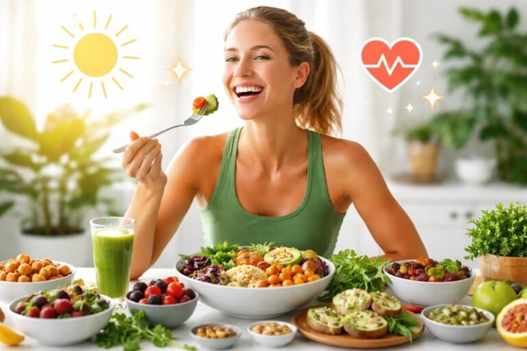Energized vegetarian enjoying a colorful plant-based meal that boosts health and longevity.