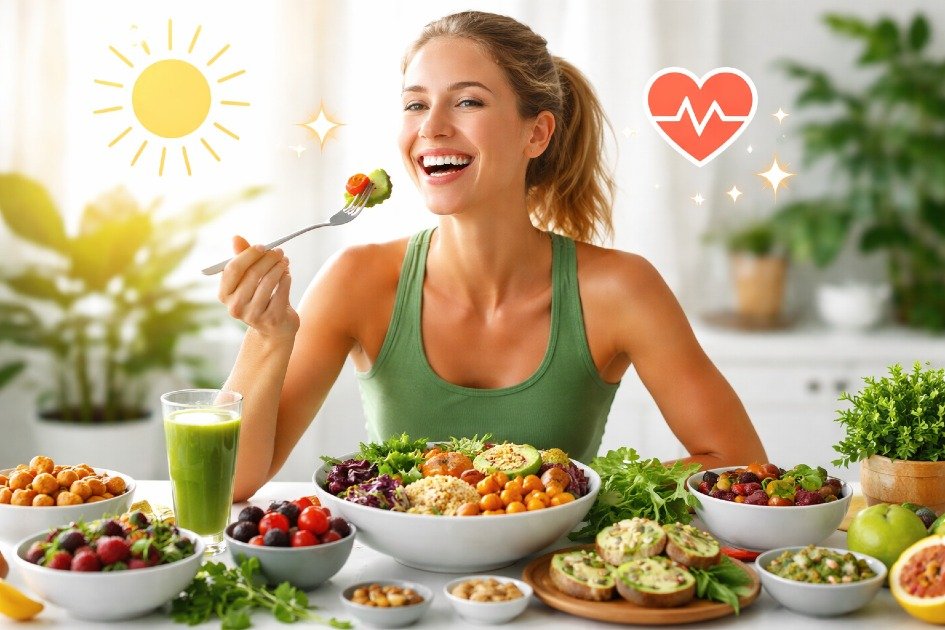 Energized vegetarian enjoying a colorful plant-based meal that boosts health and longevity.