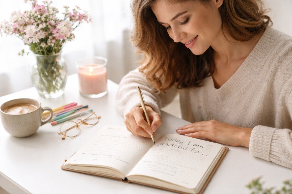 Woman writing in a gratitude journal daily to boost mindfulness and happiness