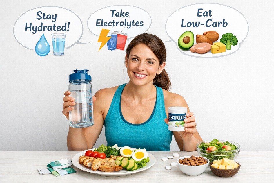 Person preventing keto flu symptoms with hydration, electrolytes, and balanced low-carb nutrition