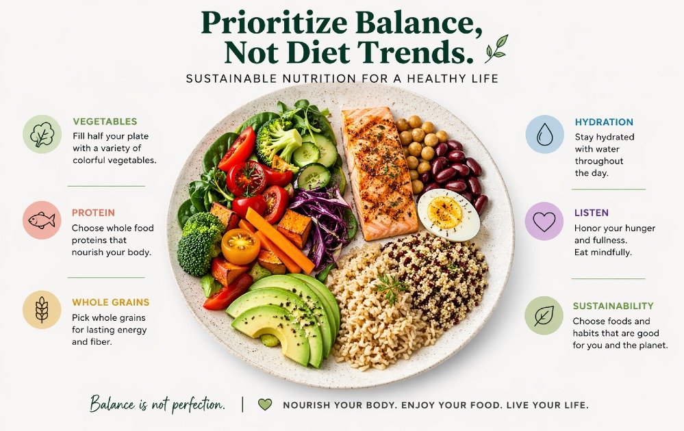 Balanced plate with whole foods, illustrating sustainable nutrition over restrictive diet trends.