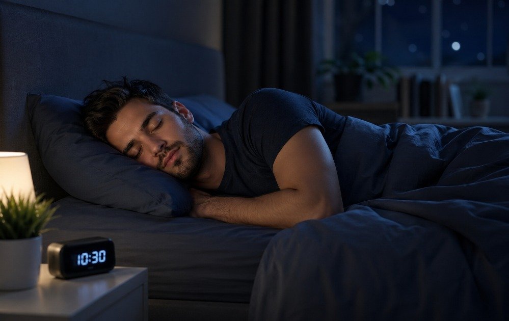 Person sleeping peacefully in a dark, calm bedroom, representing deep and consistent sleep for optimal recovery and health