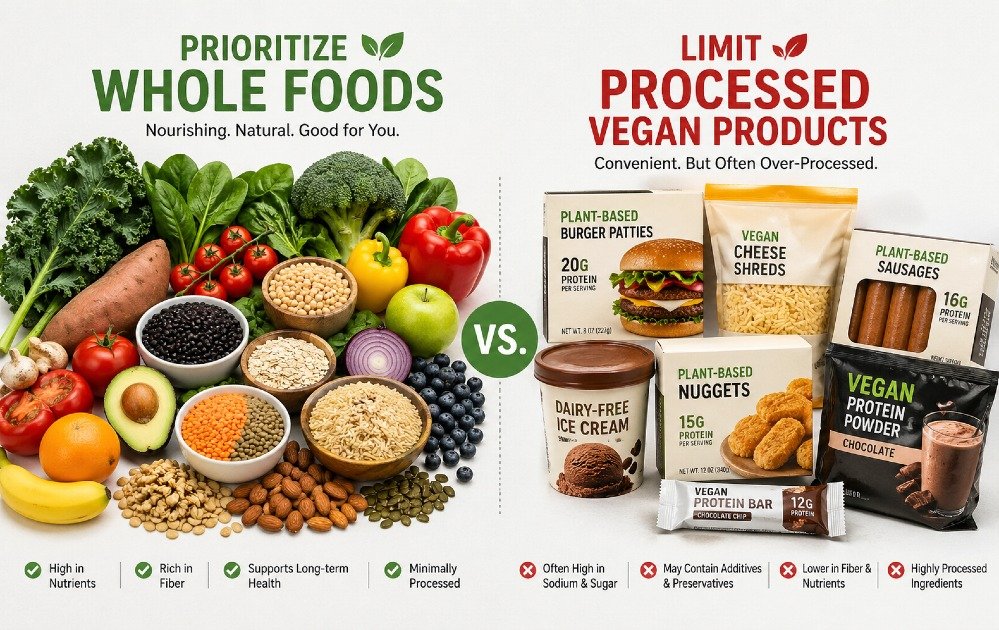 Whole plant foods like fruits, vegetables, legumes, and grains displayed beside packaged vegan alternatives to highlight healthier choices.