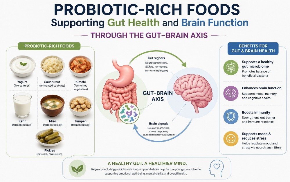 Illustration showing probiotics supporting gut-brain connection for improved brain health and mental clarity.