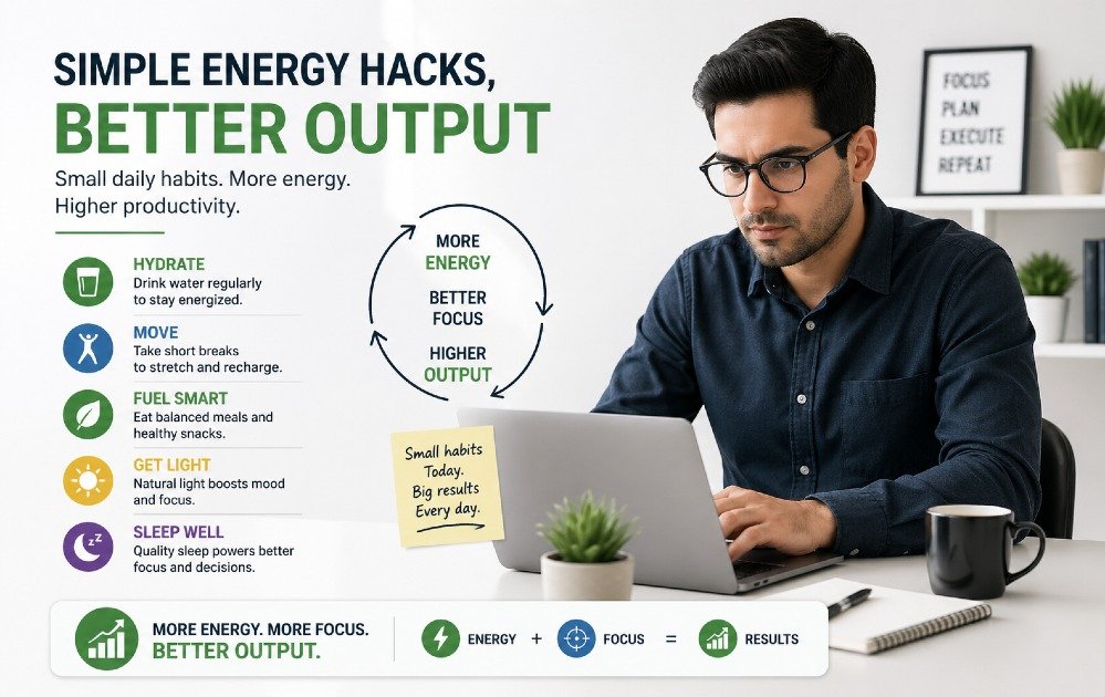 Person managing tasks efficiently with focus tools and energy-boosting habits to improve productivity and output