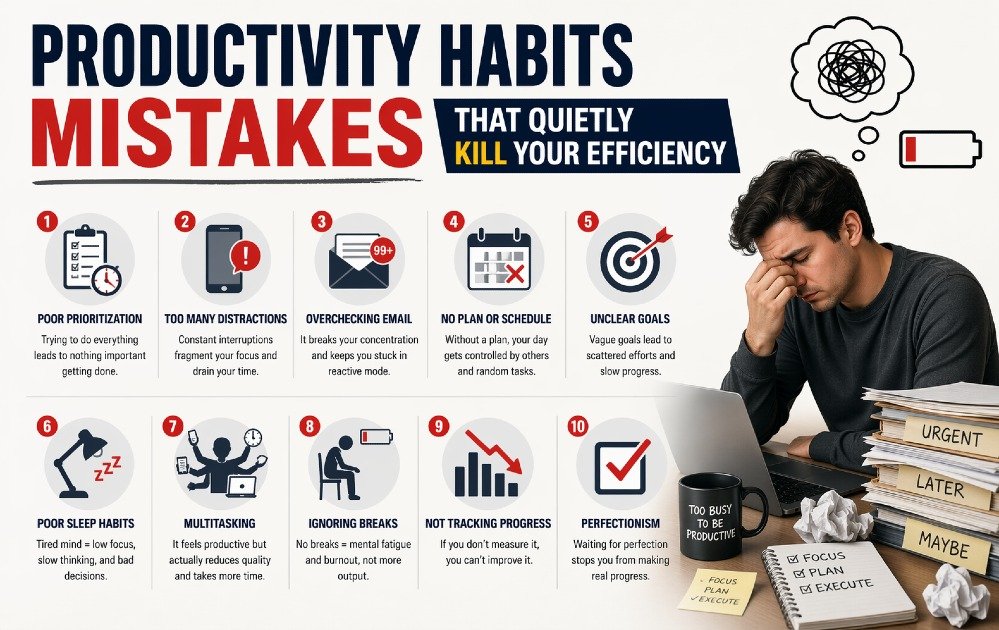 Common productivity habits mistakes that reduce focus, waste time, and lower work efficiency