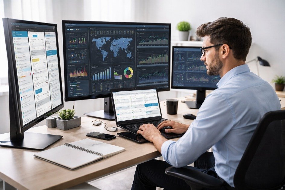 Focused professional using multiple screens efficiently for peak productivity.