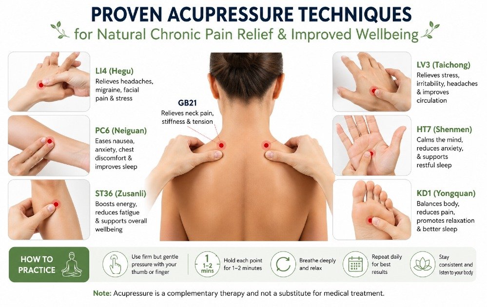 Hands applying acupressure on key body points for natural chronic pain relief and improved wellbeing.