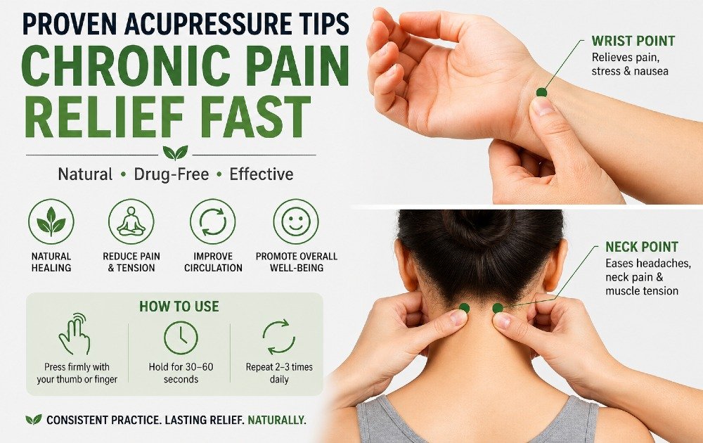 Hands applying acupressure to wrist and neck to relieve chronic pain naturally