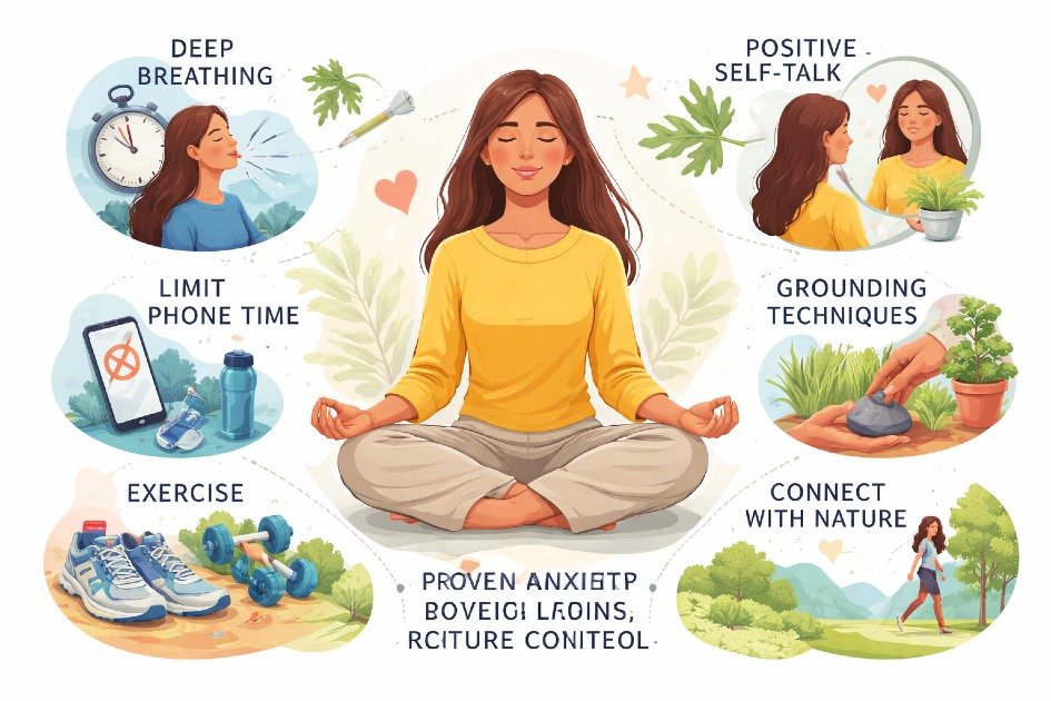 Person practicing calming techniques with visual cues of stress relief, representing proven strategies to reduce anxiety and regain control