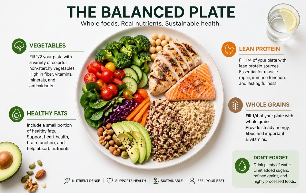 Balanced plate with whole foods—vegetables, lean protein, whole grains, and healthy fats—illustrating proven diet principles.