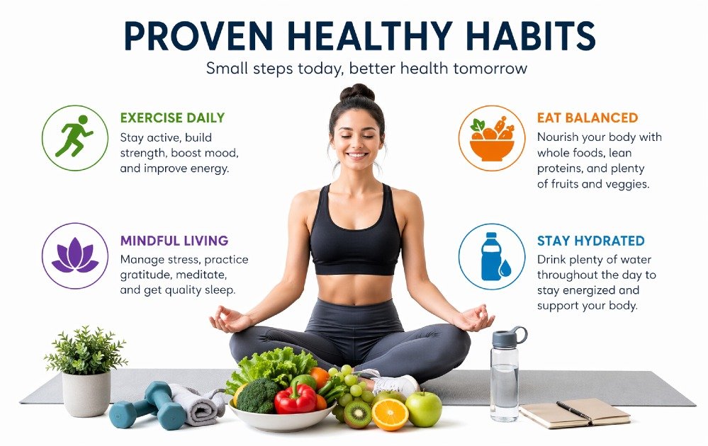Person practicing daily healthy habits including exercise, balanced nutrition, hydration, and mindful living for overall wellness