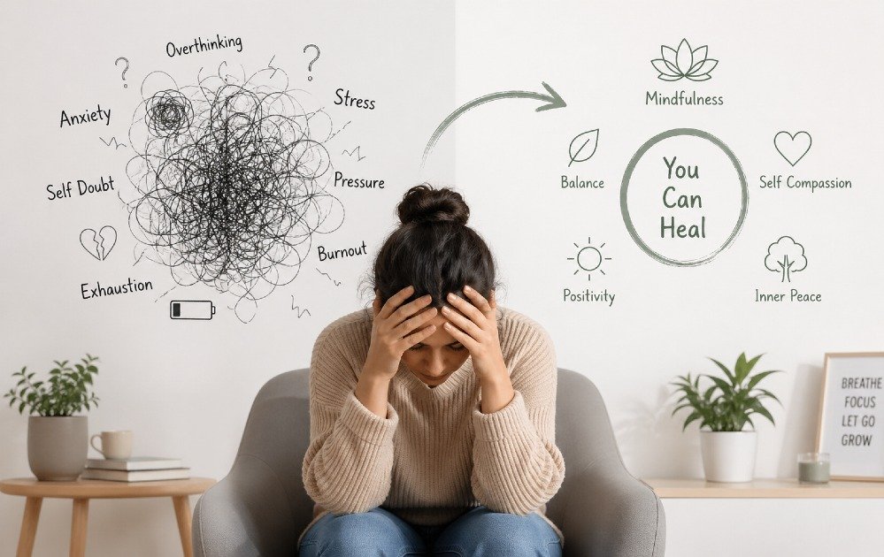 Person sitting calmly with head in hands, reflecting stress and emotional overwhelm while seeking mental balance.
